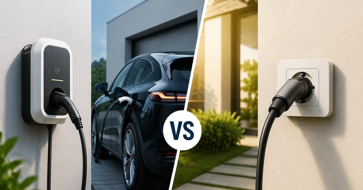 Prise renforcée Green'Up et wallbox fixée au mur d'un garage particulier