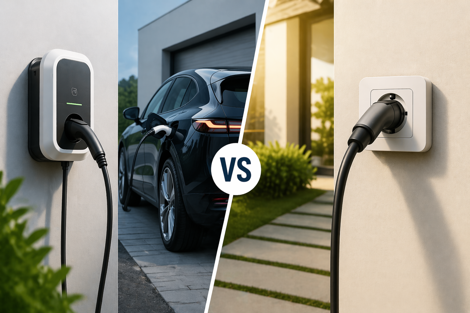 Prise renforcée Green'Up et wallbox fixée au mur d'un garage particulier