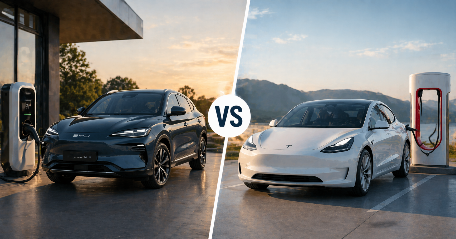 Comparatif BYD Seal et Tesla Model 3 stationnés face à face en environnement urbain