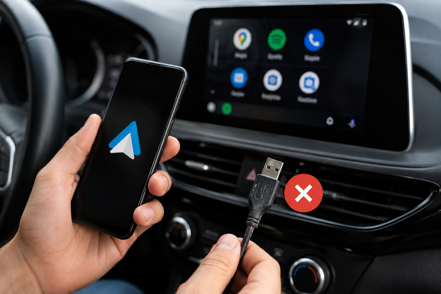 Câble USB-C connecté à un smartphone Android dans l'habitacle d'une voiture moderne