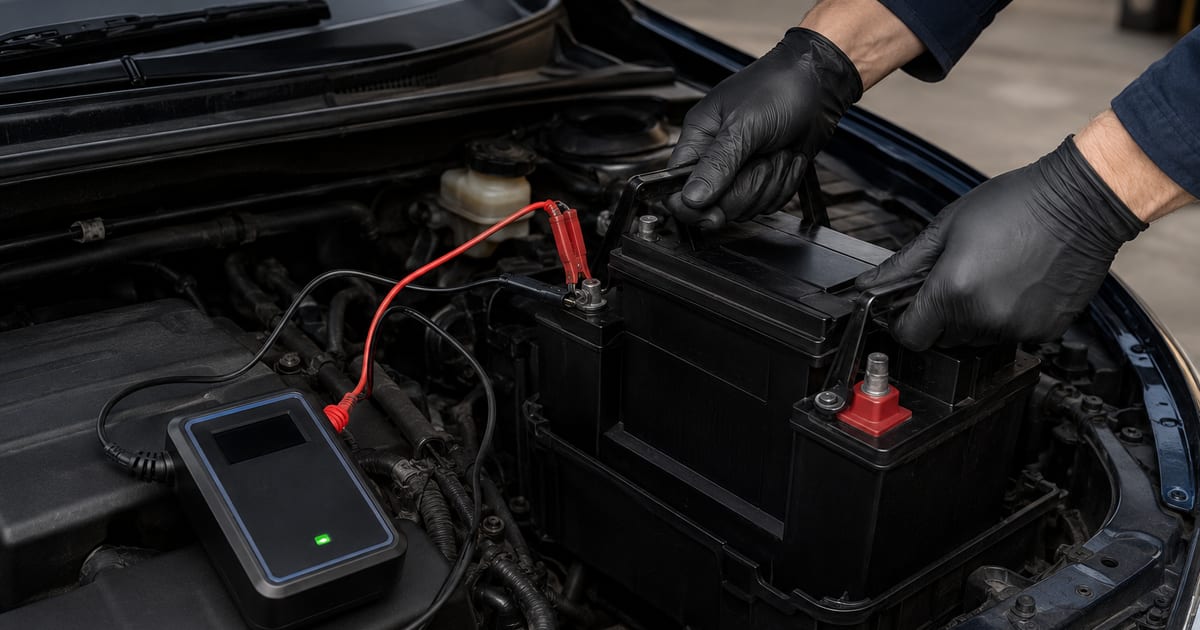 Mécanicien changeant une batterie de voiture avec un boîtier de sauvegarde branché sur l'allume-cigare