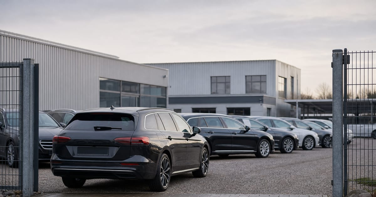 Voitures d’occasion alignées dans un parc automobile allemand sous une lumière matinale