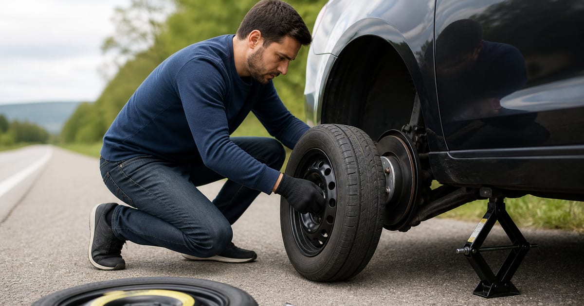 Automobiliste changeant une roue crevée sur le bord de la route avec un cric