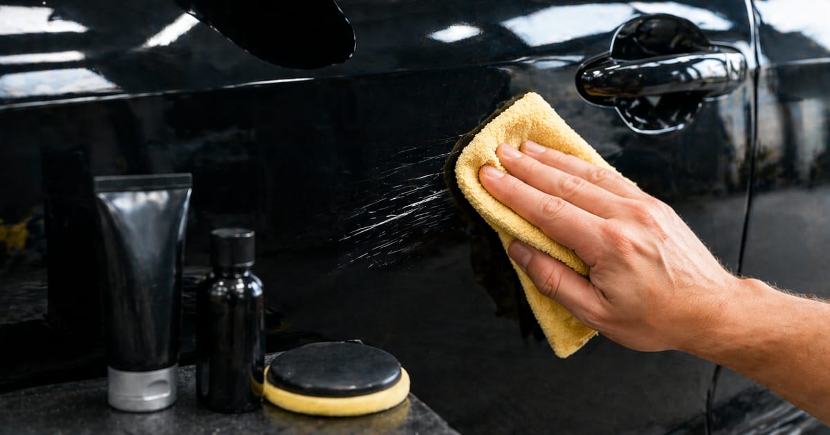 Main appliquant du polish sur une rayure de carrosserie avec un chiffon microfibre