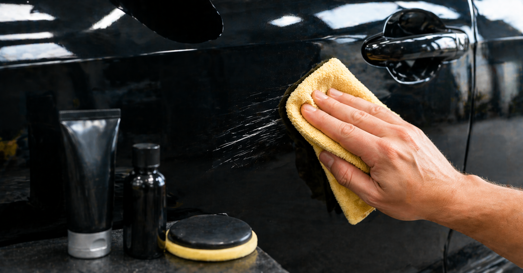 Main appliquant du polish sur une rayure de carrosserie avec un chiffon microfibre