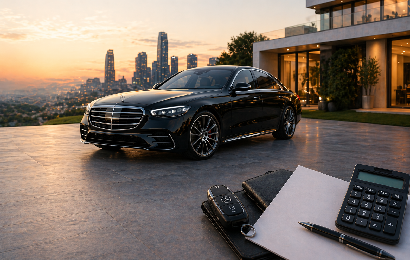 Porsche Panamera noire dans un showroom premium avec conseiller financier