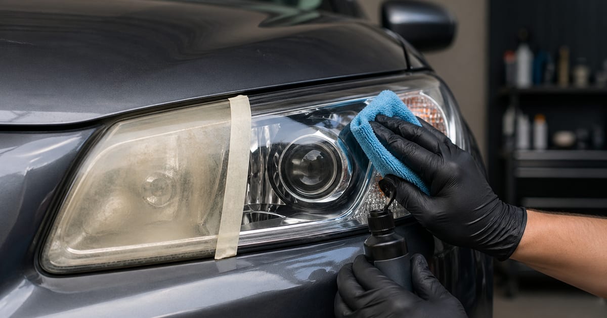 Ponçage d'un phare de voiture jauni avec papier abrasif humide et kit de rénovation