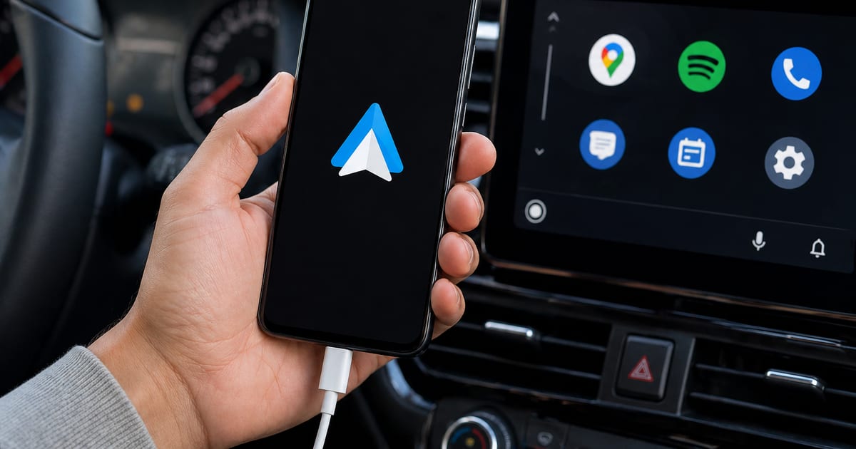 Smartphone Android connecté à l'écran tactile d'un tableau de bord de voiture via Android Auto