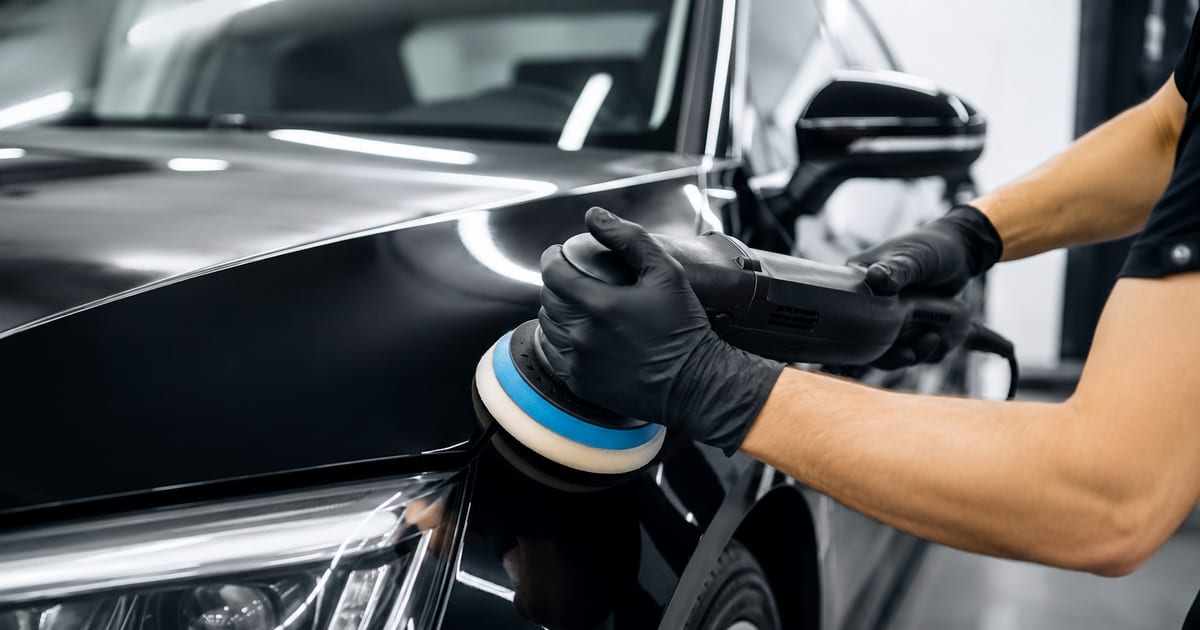 Polisseuse orbitale appliquant du polish sur la carrosserie noire d'une voiture