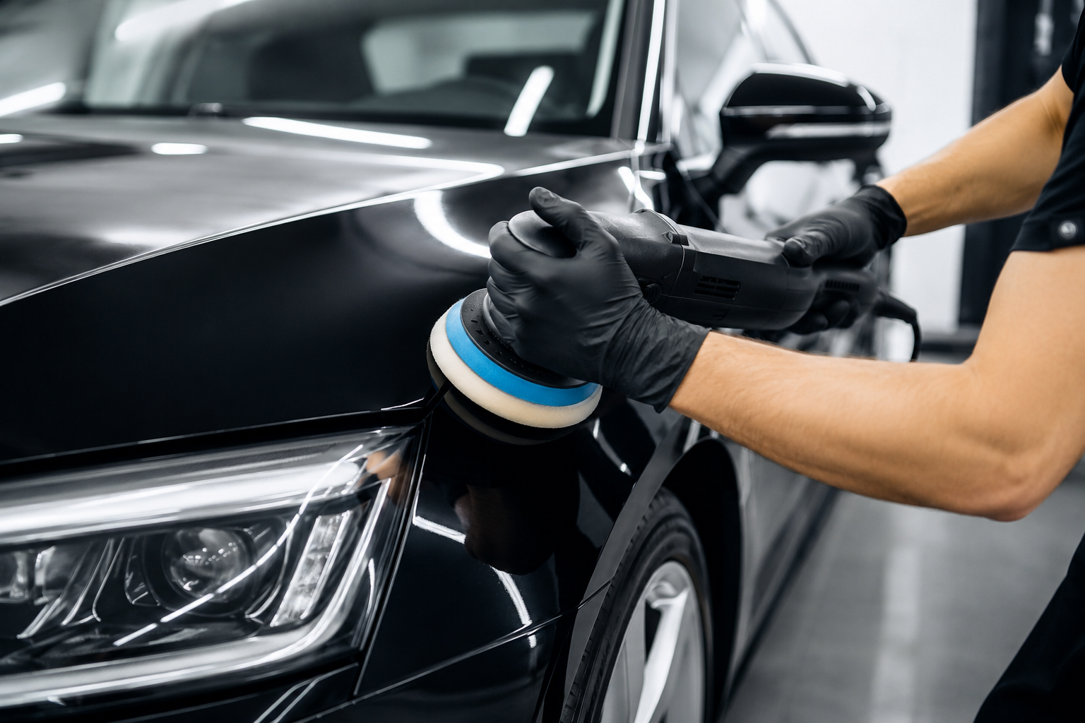 Polisseuse orbitale appliquant du polish sur la carrosserie noire d'une voiture