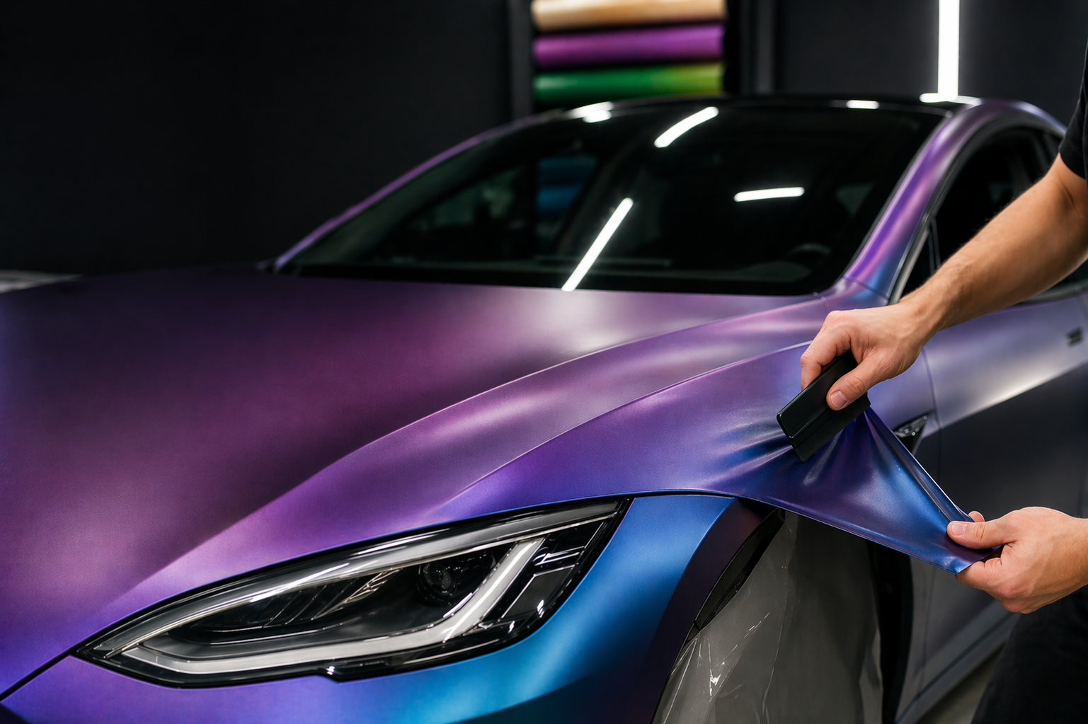 Pose de vinyle covering sur une carrosserie de voiture