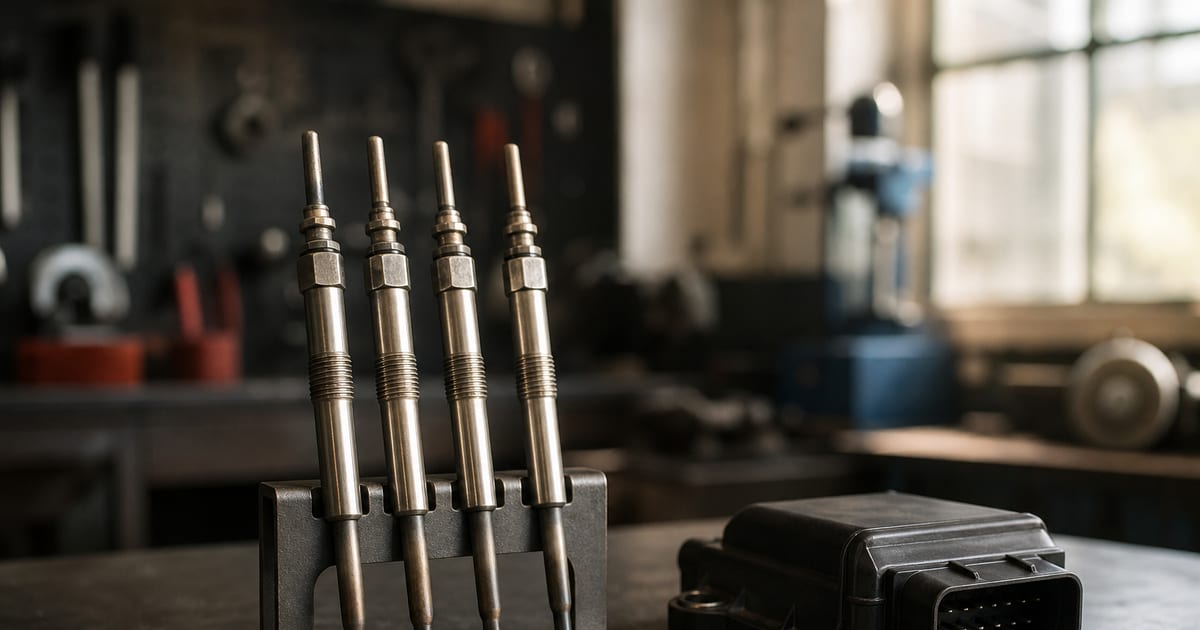 Quatre bougies de préchauffage diesel disposées près de leur boîtier de commande