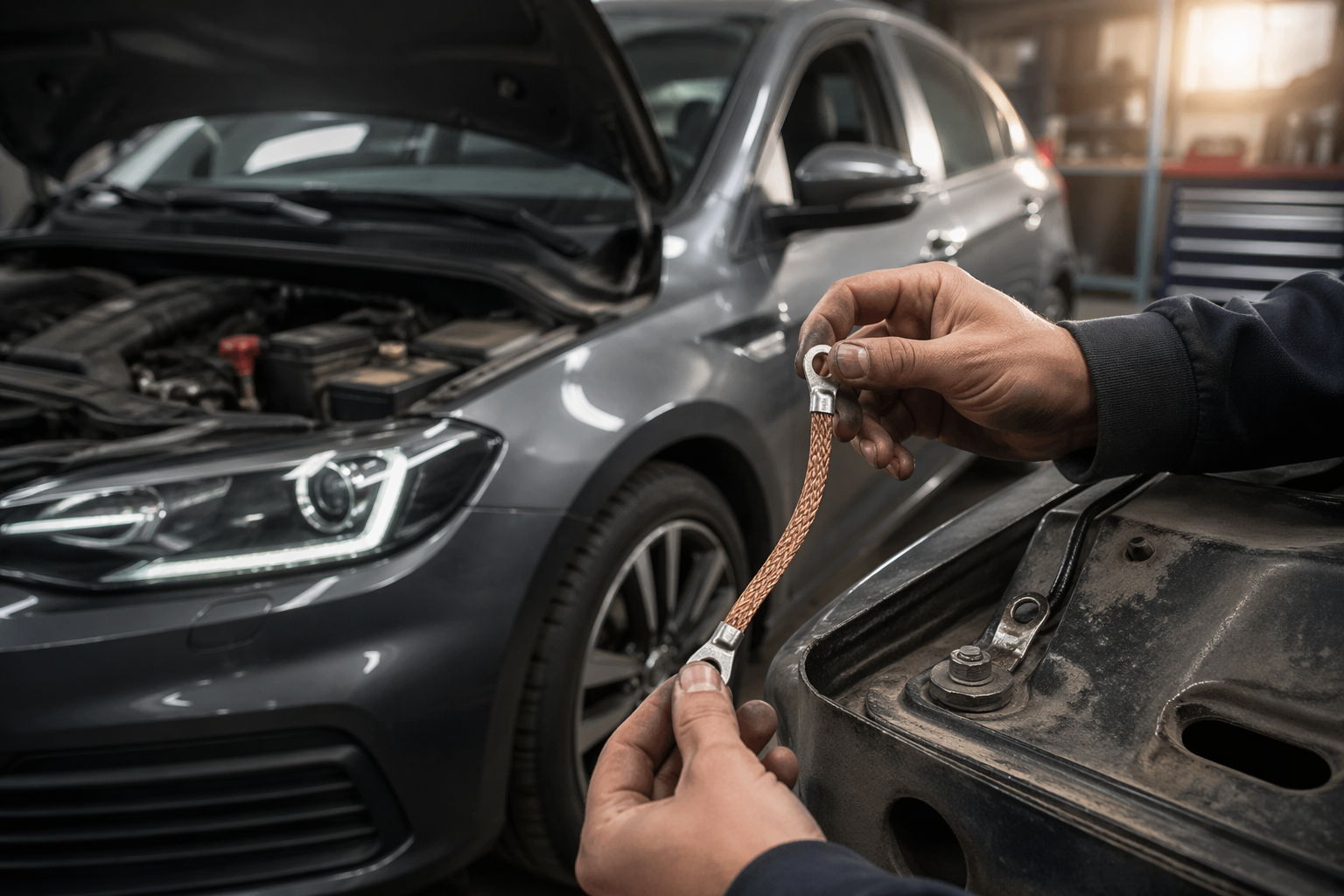 Câble de masse oxydé démonté d'un châssis de voiture pour nettoyage