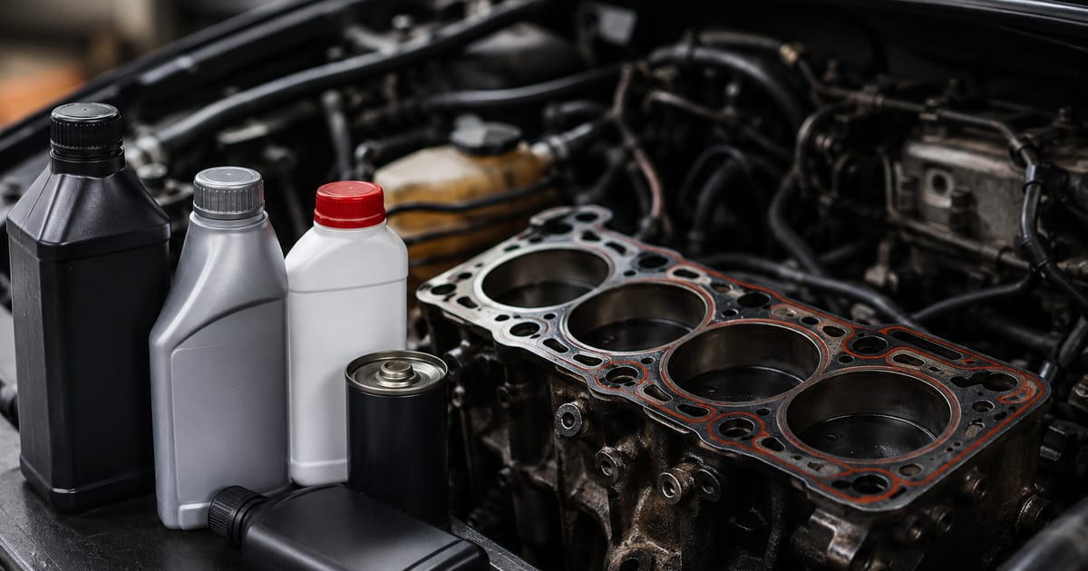 Produits de réparation pour joint de culasse posés sur un moteur ouvert dans un garage