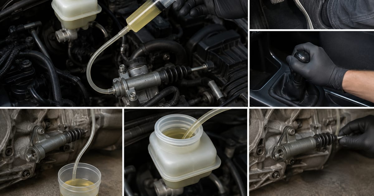Mécanicien purgeant un circuit d'embrayage hydraulique avec une seringue sous le capot d'une voiture