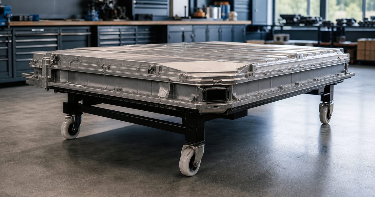 Batterie de traction fermée posée sur un chariot dans un atelier spécialisé