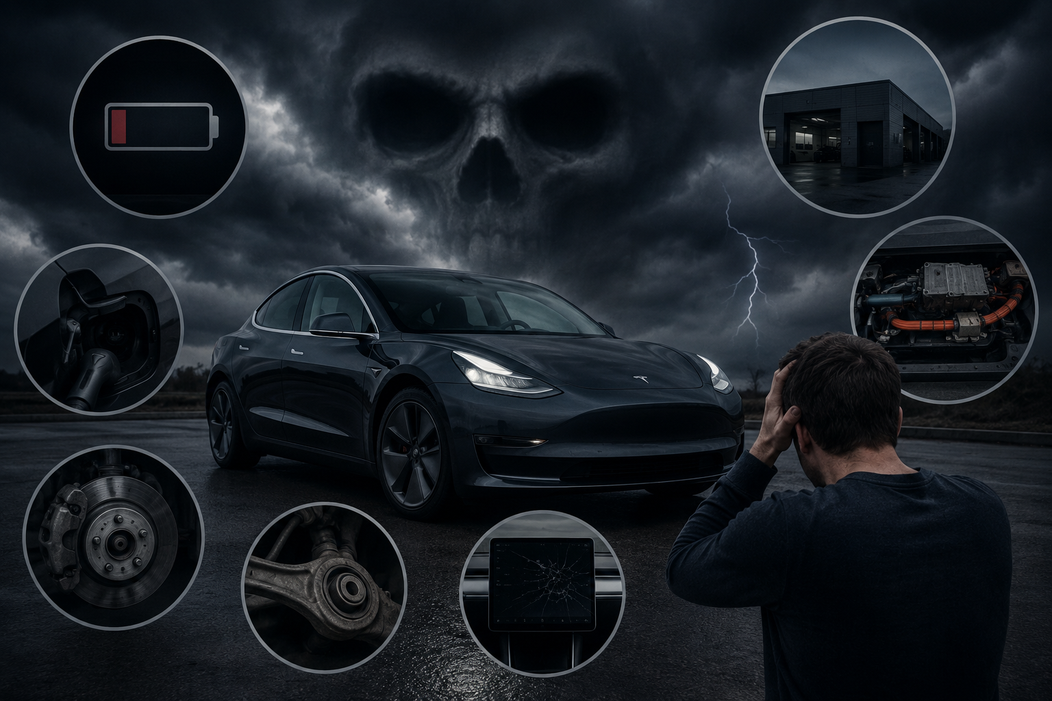 Tesla Model 3 d'occasion inspectée dans un parking par un acheteur potentiel