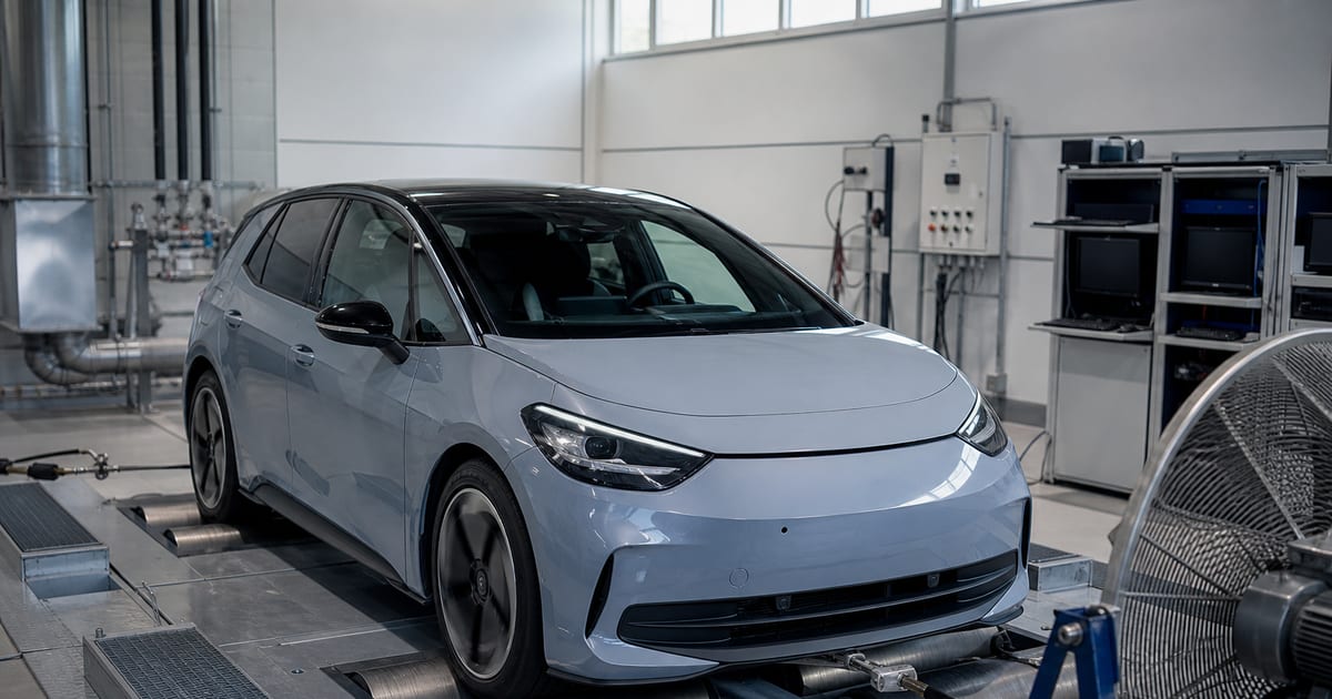 Voiture électrique sur un banc à rouleaux dans un laboratoire automobile