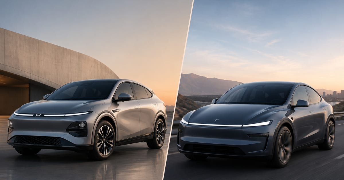 Xpeng G6 et Tesla Model Y stationnés côte à côte sur un parking extérieur