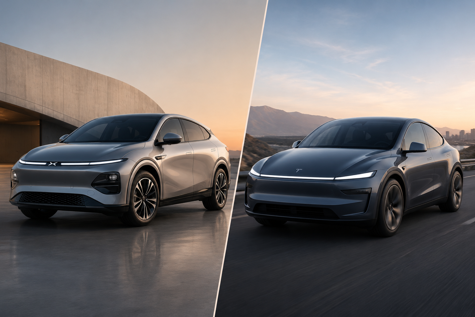 Xpeng G6 et Tesla Model Y stationnés côte à côte sur un parking extérieur